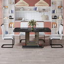 A table and four chairs. The table features a black imitation marble pattern tabletop and black gold MDF legs. The chair has a white PU backrest cushion and black metal legs. F-SQ