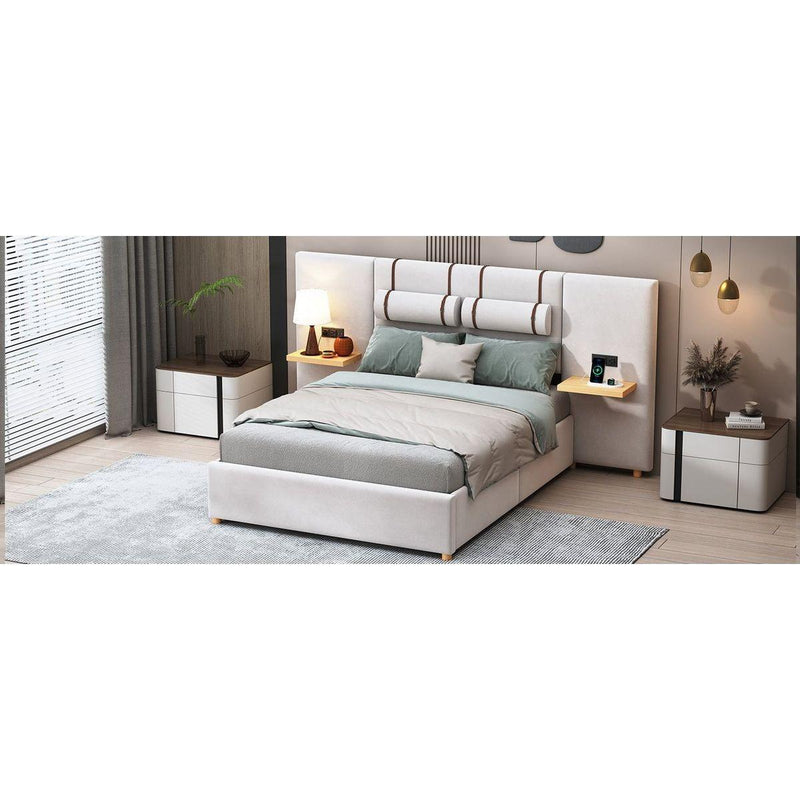 Full Size Upholstered Platform Bed, Two Outlets and USB Charging Ports on Both Sides, Two Bedside Pillows, Storage Shelves,Velvet,Beige