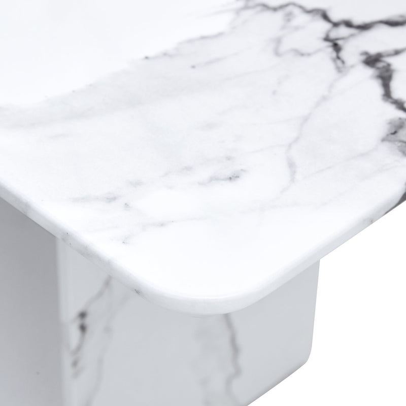 A simple dining table. A dining table with a white marble pattern. 4 PU synthetic leather high backrest cushioned side chairs with C-shaped silver metal legs. DT-SQ-16090-wh