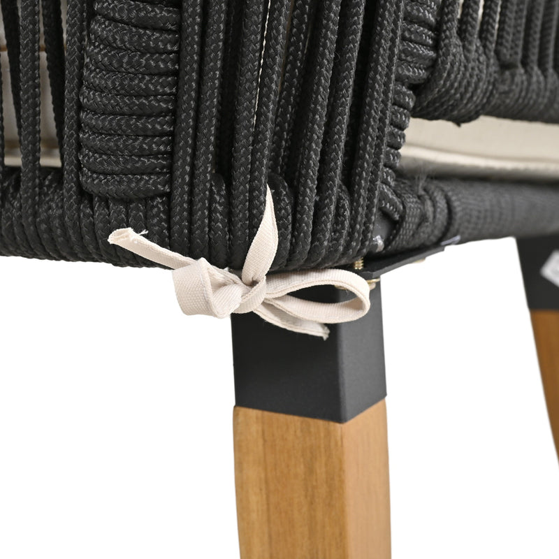 6-Piece Rope Patio Furniture Set, Outdoor Furniture with Acacia Wood Cool Bar Table with Ice Bucket, Deep Seat Patio Conversation Set with Two Stools for Backyard Porch Balcony (Black & Beige)