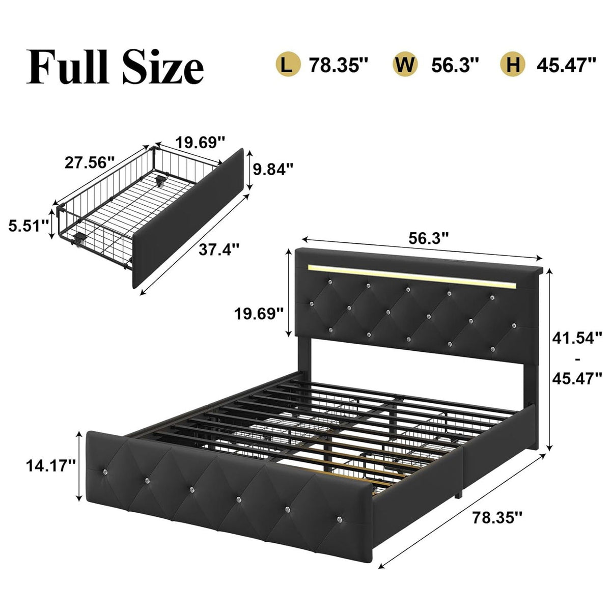 Upholstered Bed Frame With LED Lights, 4 Storage Drawers, Charging Station, photo 26 of 31
