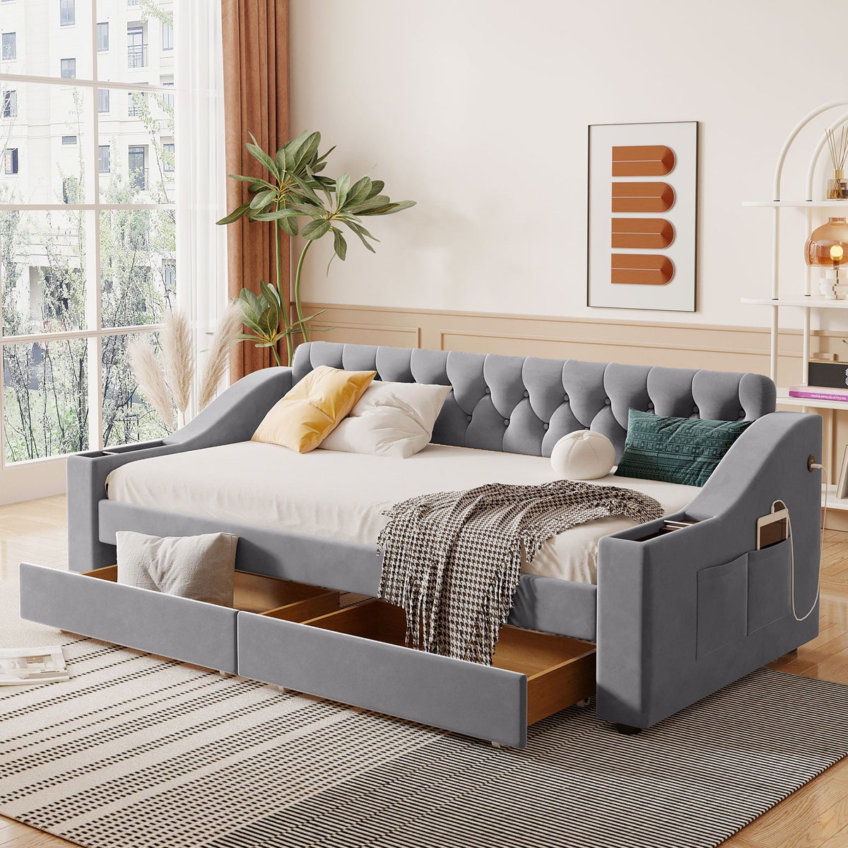 Upholstered Daybed With Storage Armrests And USB Port, photo 2 of 8