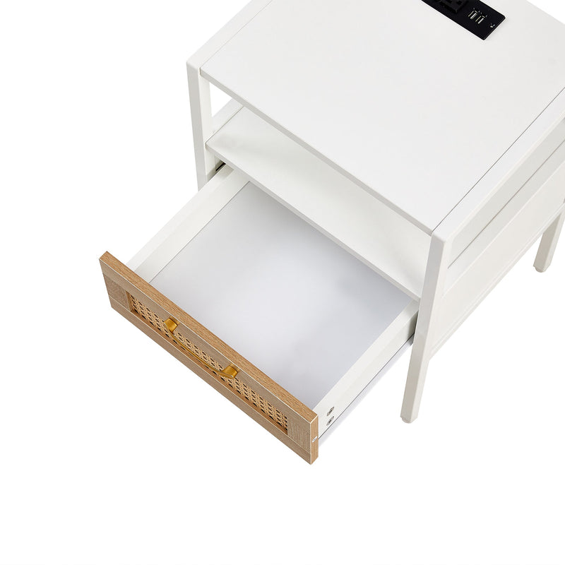 15.75" Rattan End table with Power Outlet & USB Ports, Modern nightstand with drawer and metal legs, side table for living room, bedroom,white(1 PC)