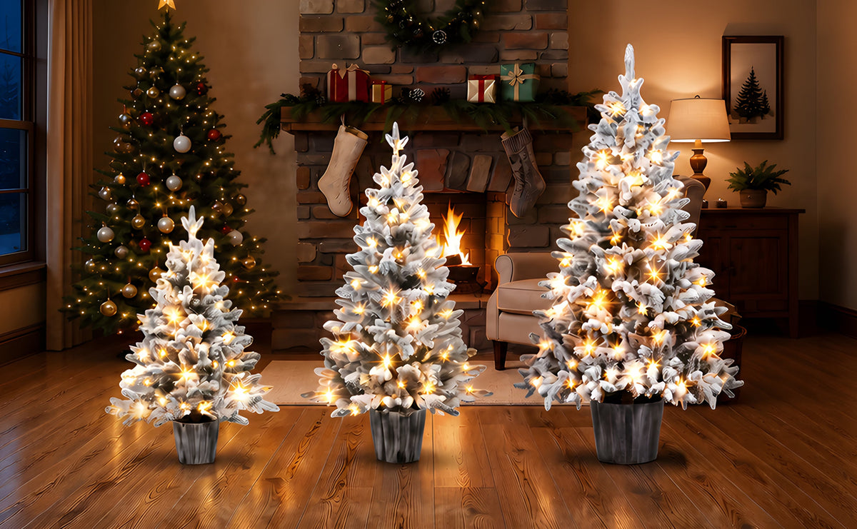 3-Piece Flocked Pre-Lit Christmas Tree Set, photo 8 of 10