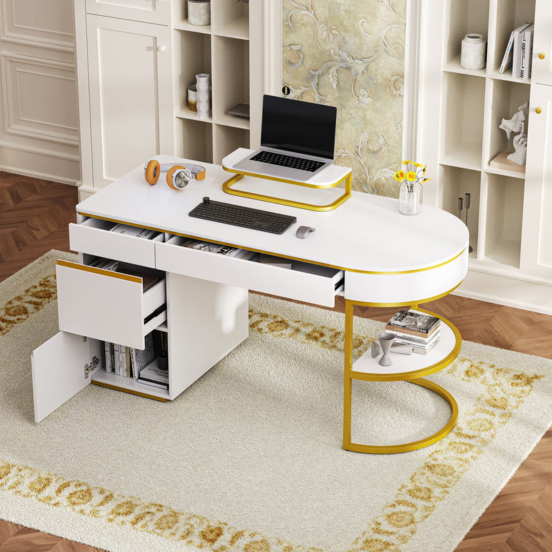 60"Modern Executive Desk,White Curved Computer Desk with Gold Metal Legs,3-Drawers Home Office Desk,Writing Desk with 1 Storage Cabinet for Home Office,Living Room,Gold+White