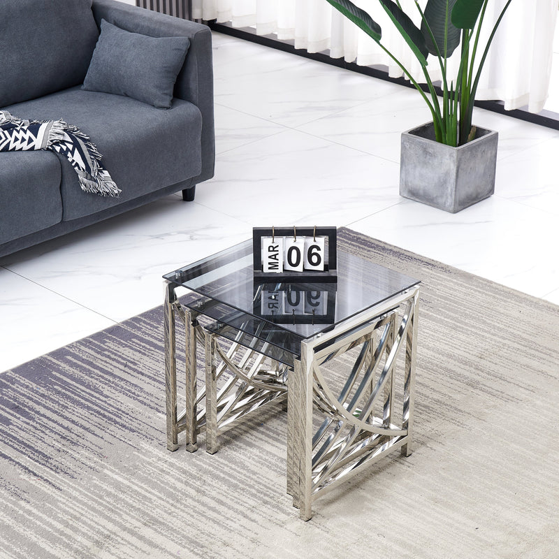 3 Pieces Silver Square Nesting Glass End Tables- Small Coffee Table Set- Stainless Steel Small Coffee Tables with Dark Gray Tempered Glass- 18" Modern Minimalist Side Table for Living Room (Curve)