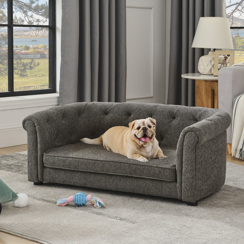 Contemporary Dark Grey Pet Sofa with Arc-Shaped Backrest and Armrests, Breathable Linen and Cozy Soft Cushion for Dogs