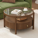 Solid Wood Round Glass Top Coffee Table with Storage Drawer