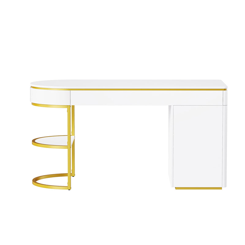 60"Modern Executive Desk,White Curved Computer Desk with Gold Metal Legs,3-Drawers Home Office Desk,Writing Desk with 1 Storage Cabinet for Home Office,Living Room,Gold+White