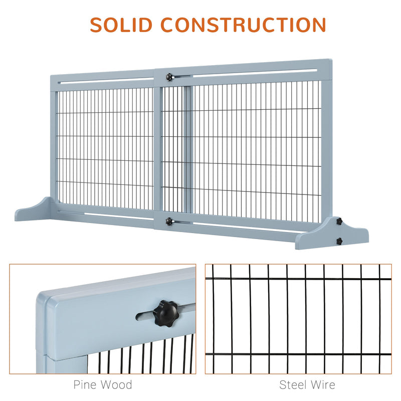 72" W x 27.25" H Extra Wide Freestanding Pet Gate with Adjustable Length Dog, Cat, Barrier for House, Doorway, Hallway, Blue-grey