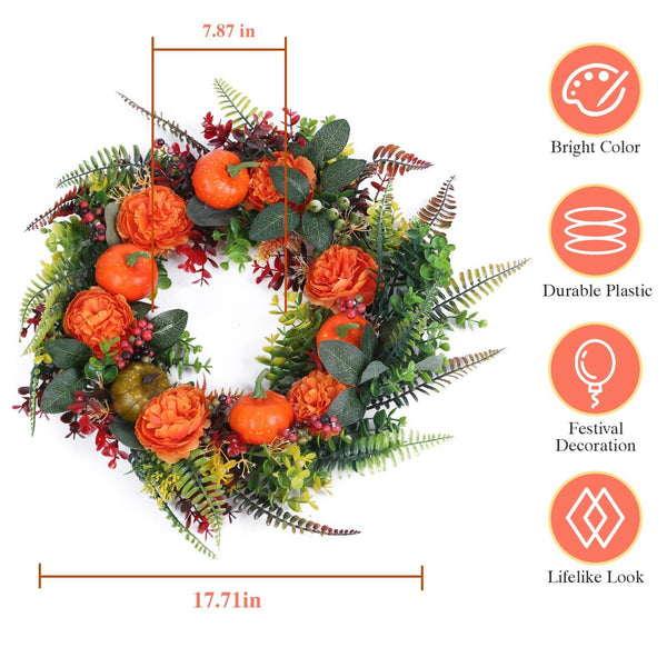 17.71IN Autumn Wreath with Pumpkin Mixed Leaves Berries Flowers Fall Decoration for Indoor Outdoor Window Wall Front Door in Halloween Thanks Giving D, photo 2 of 8