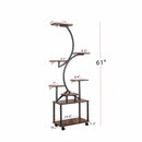 8 Tier Indoor Plant Stand With Grow Lights, S Shaped Metal Shelf For Multiple Plants - Black / Dark Walnut by HouseOfZazla