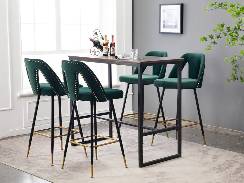 Akoya Collection Modern Contemporary Velvet Upholstered Connor 28" Bar Stool & Counter Stools with Nailheads and Gold Tipped Black Metal Legs, Set of 2 (Green)