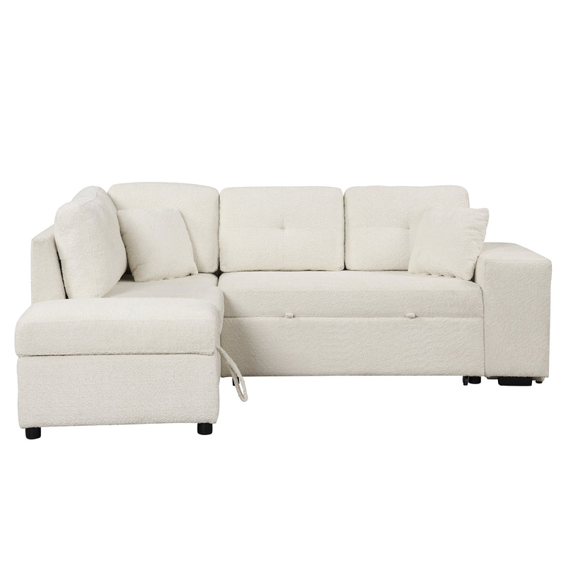 87.7" Convertible Sleeper, Sectional Pull Out Sofa Bed with Storage Ottoman, 2 Throw Pillows, 2 Stools, Wireless Charger and Two Hidden USB Ports for Living Room, Cream