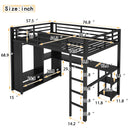 Full Size Loft Bed Frame with Built-in Wardrobe, Metal Loft Bed with Desk and Storage Shelves