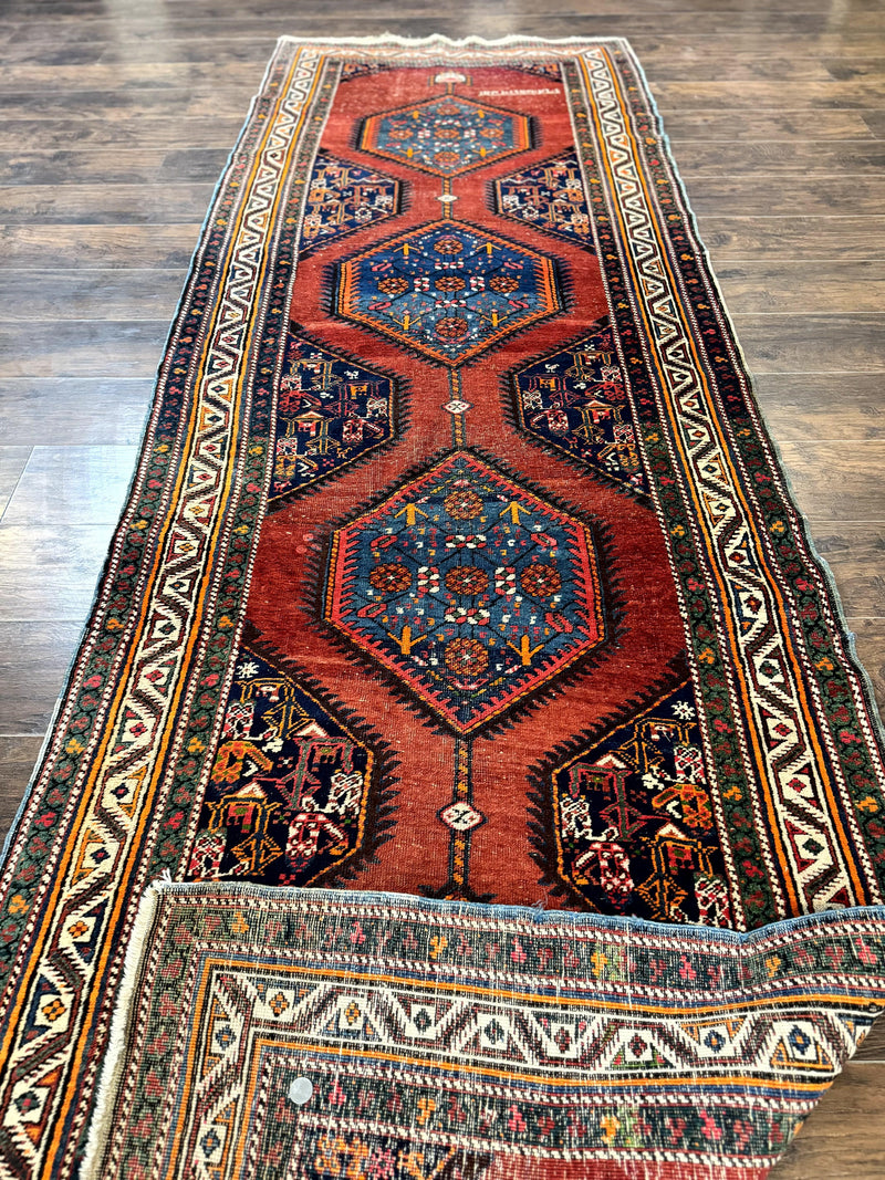 Antique Persian Sarab Runner Rug 3.9 x 12, Red, Handmade, Tribal Runner, Wool, Signed