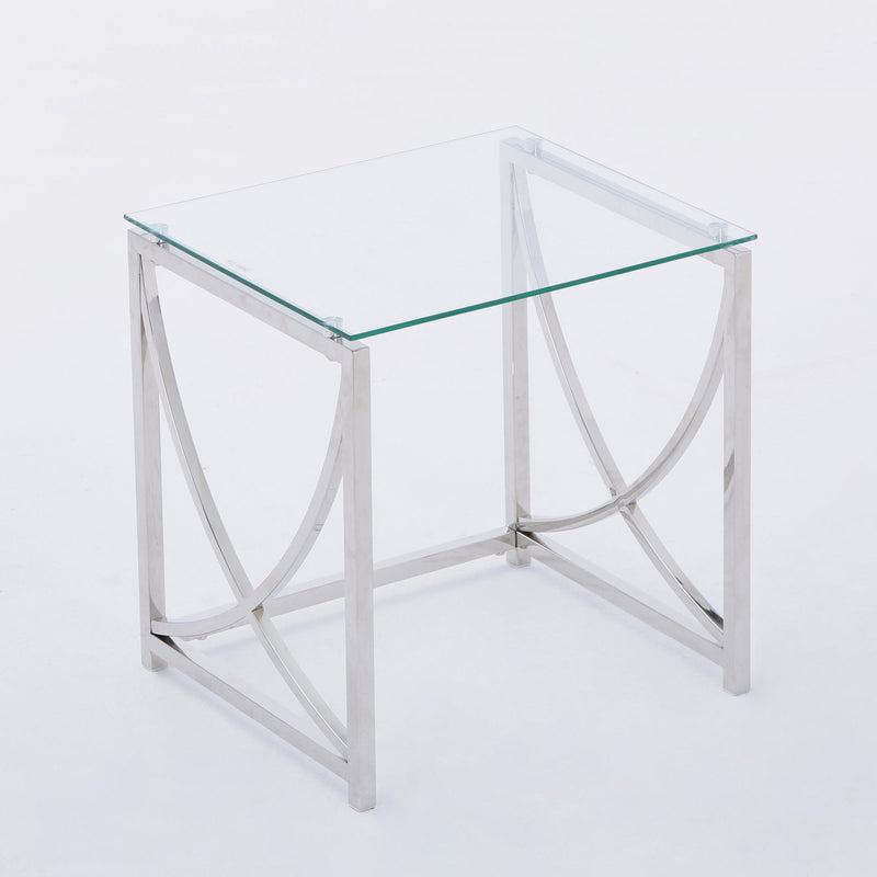 3 Pieces Silver Square Nesting Glass End Tables- Small Coffee Table Set- Stainless Steel Small Coffee Tables with Clear Tempered Glass- 18" Modern Minimalist Side Table for Living Room (Curve)