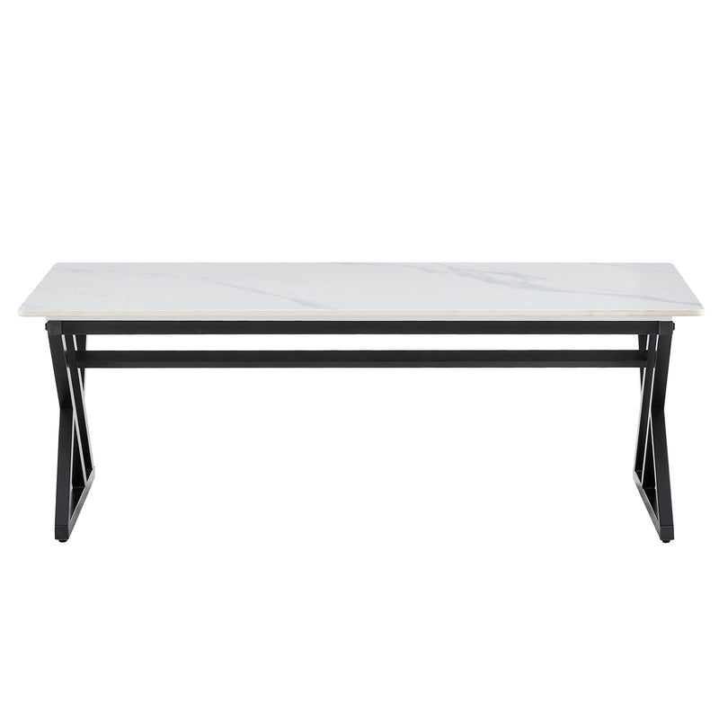 A modern minimalist style white marble patterned coffee table with black metal legs. Computer desk. Game table. Tea table. CT-XX
