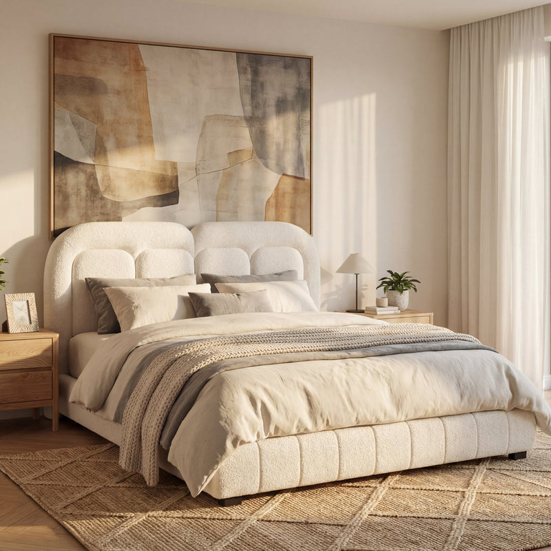 Queen Size Boucle Upholstered Platform Bed with Tufted Headboard, photo 3 of 10