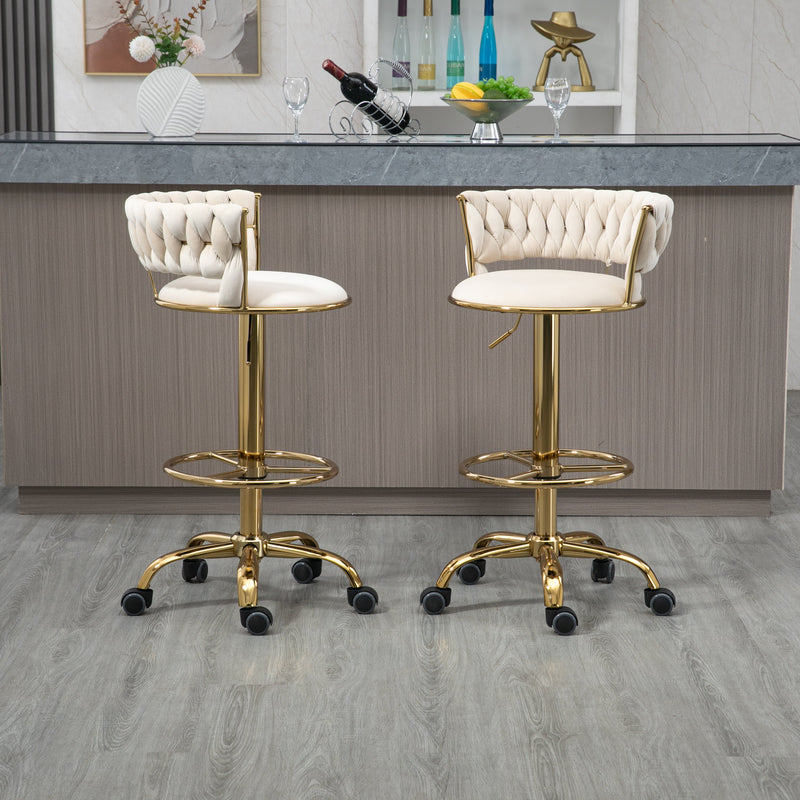 360 Adjustable Barstools Set of 2, Ergonomic Drafting Chair with Round Footrest and Backrest, Swivel Rolling Wheels for Spa, Studio, Classroom, Lab, Counter, Salon, Ivory