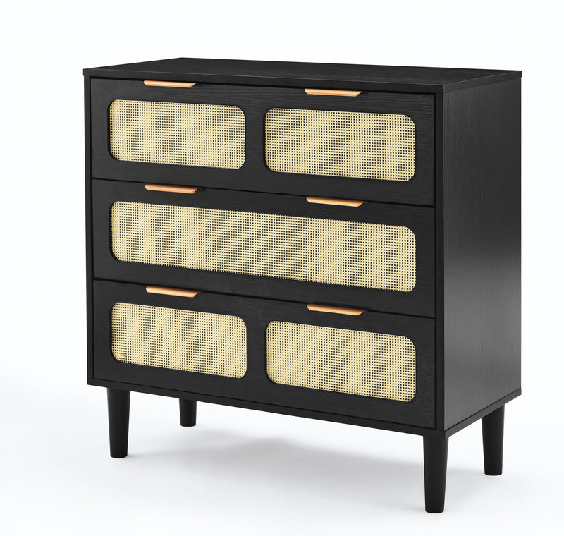 3 drawer dresser, modern rattan dresser cabinet with wide drawers and metal handles, farmhouse wooden storage chest of drawers for room, living room, hallway, entrance, office