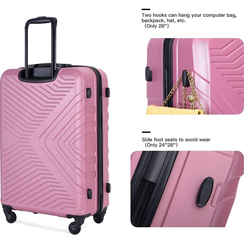 3 Piece Luggage Sets ABS Lightweight Suitcase with Two Hooks, Spinner Wheels, TSA Lock, (20/24/28), Pink