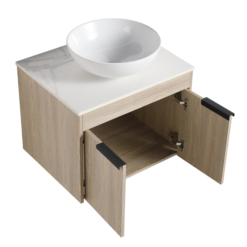 24" Modern Design Float Bathroom Vanity With Ceramic Basin Set, Wall Mounted White Oak Vanity With Soft Close Door, KD-PackingD-Packing Pieces