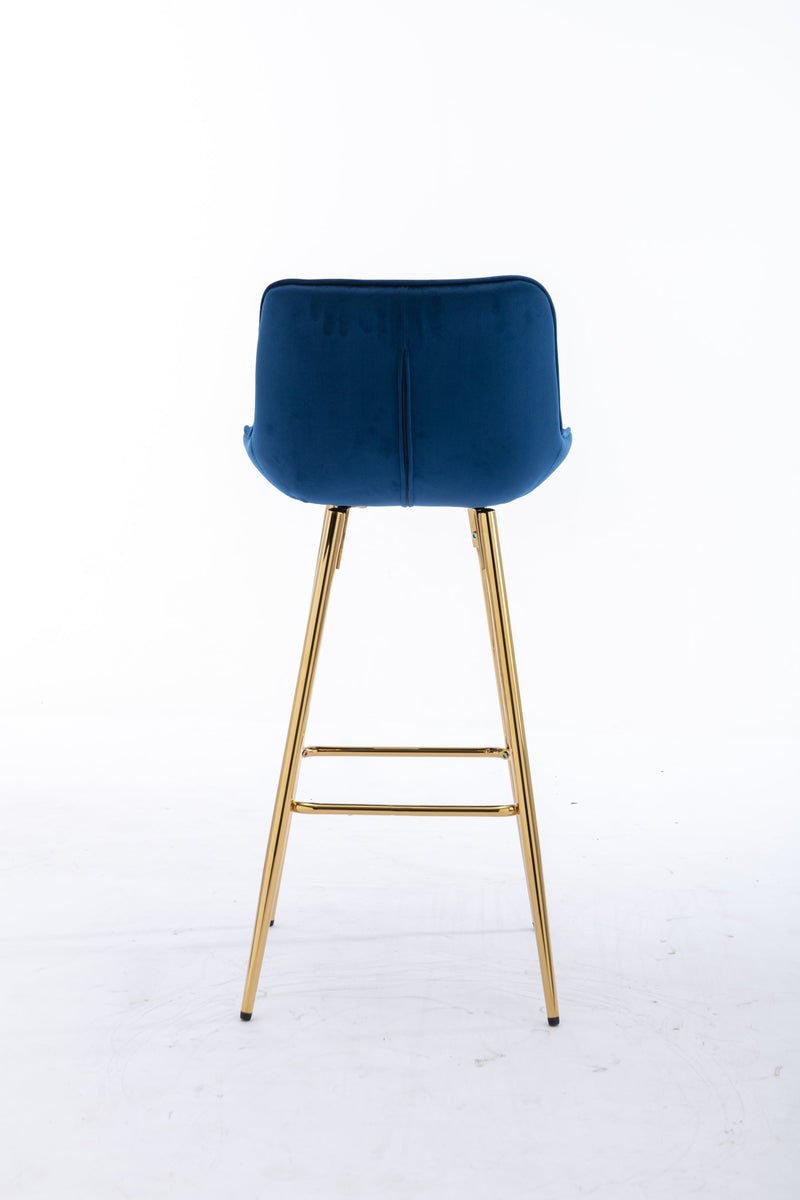 30 inch Set of 2 Bar Stools, with Chrome Footrest Velvet Fabric Counter Stool Golden Leg Simple High Bar Stool, BLUE