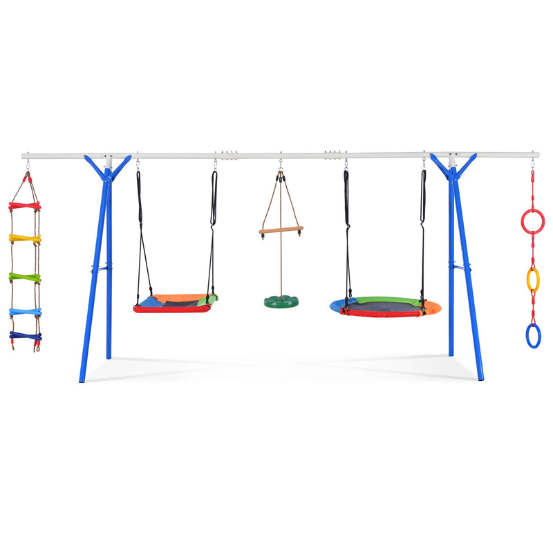 5 in 1 Outdoor Toddler Swing Set for Backyard, Playground Swing Sets with Steel Frame, Multifunction Playsets for Kids with Climbing Ladder, Saucer Swing, Monkey Bar Swing, Disc Swing and Swing Ring
