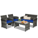 4 Pieces Patio Rattan Furniture Set with Glass Table and Loveseat-Gray by LJGDeals