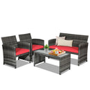 4 Pieces Patio Rattan Furniture Set with Glass Table and Loveseat-Gray
