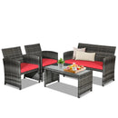 4 Pieces Patio Rattan Furniture Set with Glass Table and Loveseat-Gray by LJGDeals