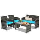 4 Pieces Patio Rattan Furniture Set with Glass Table and Loveseat-Gray by LJGDeals