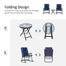 3 Piece Outdoor Patio Furniture Set with Glass Coffee Table & 2 Folding Padded Rocking Chairs, Bistro Style for Porch, Camping, Balcony, Navy Blue