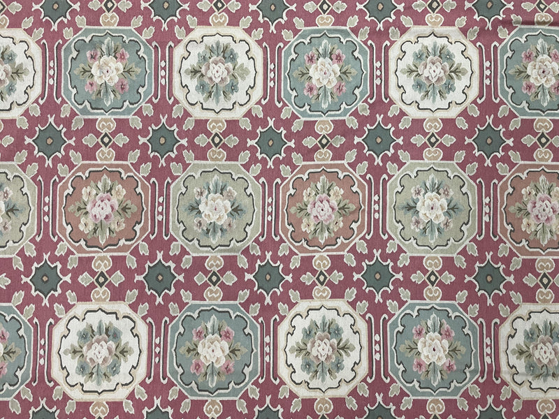 9x9 Square Rug Hand Knotted, Needlepoint Aubusson Carpet, Blush Red, Beige, Green, New, Mint Condition Area Rug, English European Design