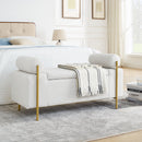 Elegant Upholstered Storage Bench With Cylindrical Arms And Iron Legs,