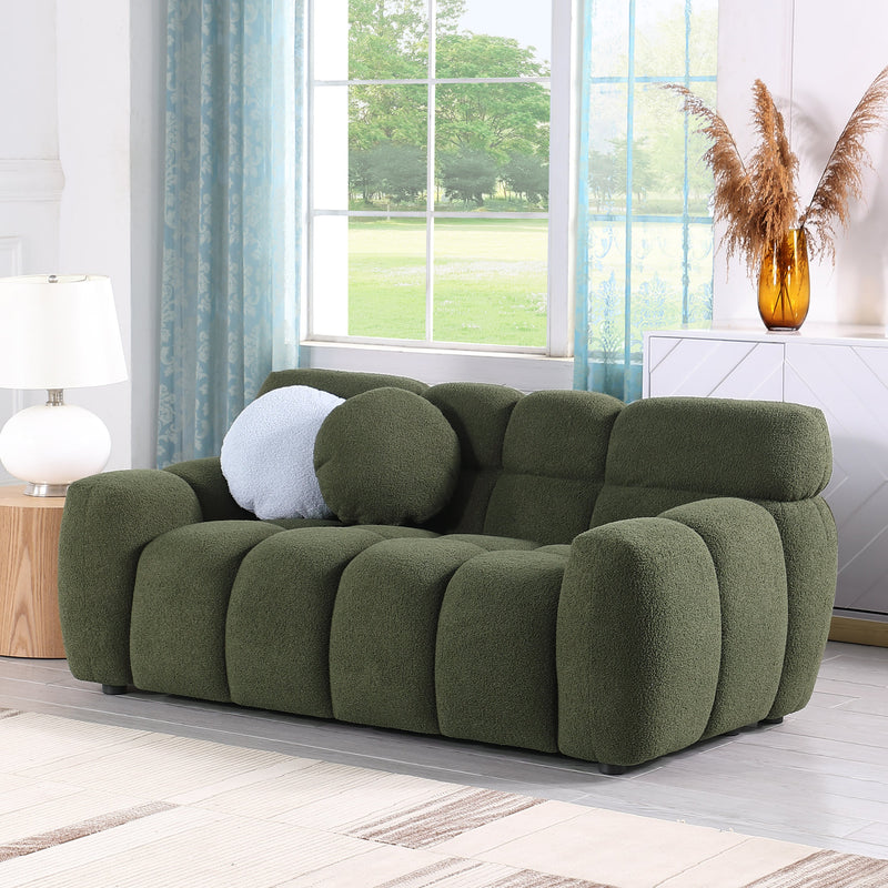 64.96 length, 35.83" deepth, human body structure for USA people, marshmallow sofa,boucle sofa, 2 seater, olive green BOUCLE