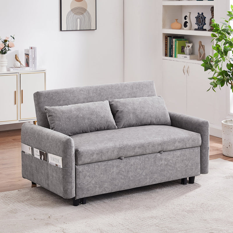 55.1" Pull Out Sleep Sofa Bed Loveseats Sofa Couch with Adjustable Backrest, Storage Pockets, 2 Soft Pillows, USB Ports for Living Room, Bedroom, Apartment, Office,Grey