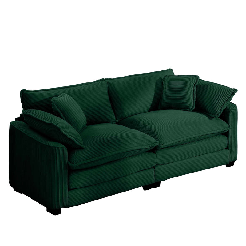 Modern Fabric Living Room Sofa with 4 Pillows, Upholstered Large Deep Seating Loveseat, Green Corduroy