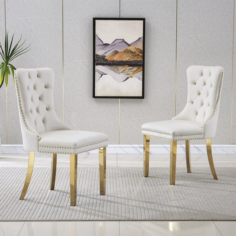 Elegant White Velvet Dining Chairs with Gold Mirrored Finish Legs - Set of 2, 19.7'L x 24'D x 36.2'H, Luxurious Dining Room Charm