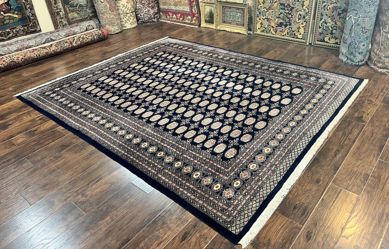 Pakistani Bokhara Rug 8x10, Turkoman Carpet, Dark Blue and Beige, Vintage Handmade Wool Carpet
