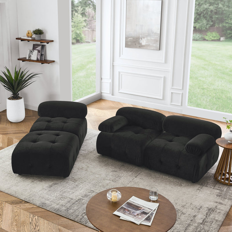 Walker Edison | Black Velvet Cloud Modular Sectional Couch w Ottoman