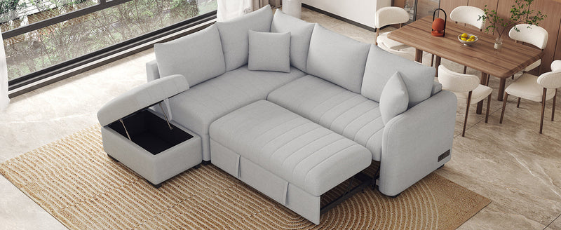 82.6" L-shaped Sectional Pull Out Sofa Bed Sleeper Sofa with Two USB Ports, Two Power Sockets and a Movable Storage Ottoman, Gray