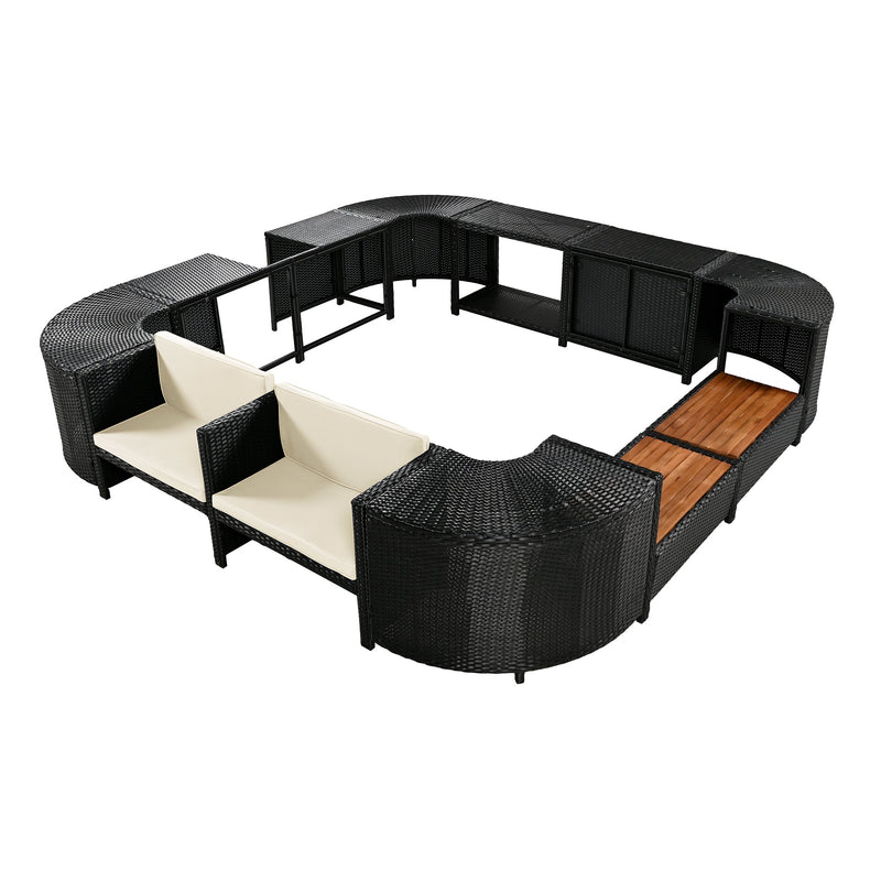 Walker Edison - Spa Surround Spa Frame Quadrilateral Outdoor Rattan Sectional Sofa Set with Mini Sofa,Wooden Seats and Storage Spaces, Beige