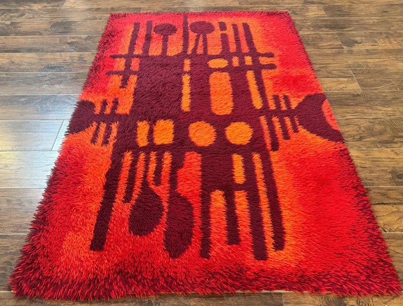 Danish Rya Shag Rug 4x6, Red Vintage Mid Century Retro Abstract Shag Rug