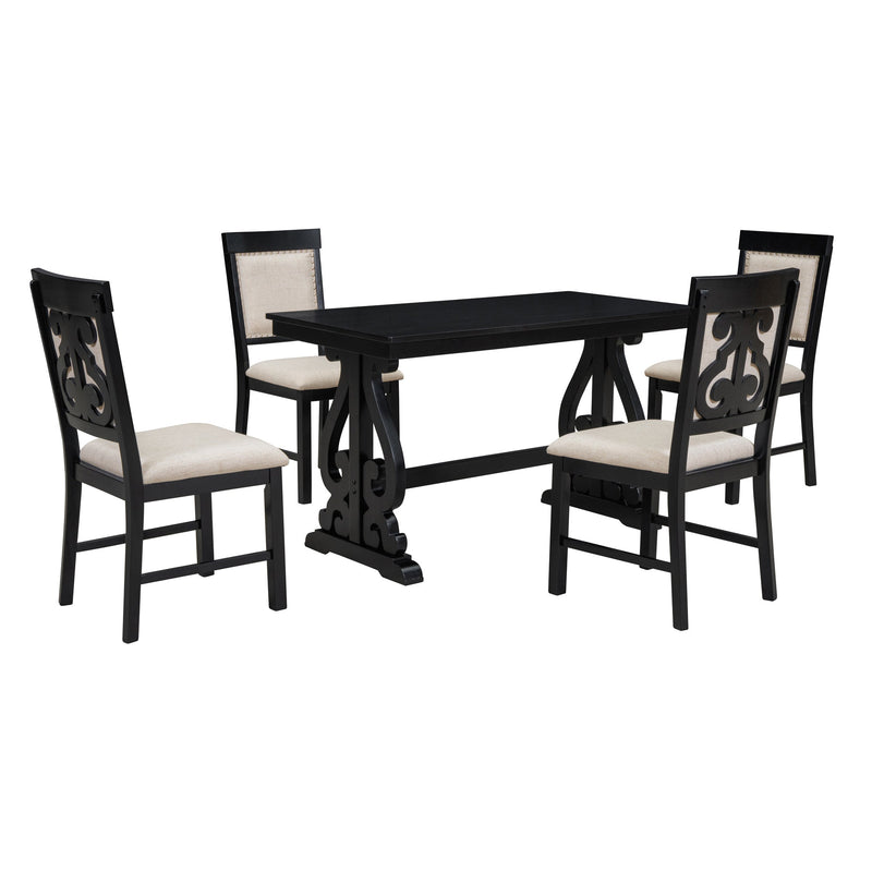 5-Piece Retro Dining Set, Rectangular Wooden Dining Table and 4 Upholstered Chairs for Dining Room and Kitchen (Black)