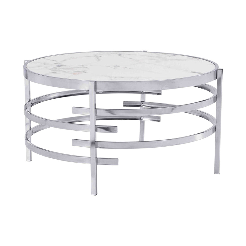 32.48" Chrome Round Coffee Table With Sintered Stone Top&Sturdy Metal Frame, Modern Coffee Table for Living Room, Silver
