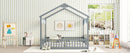 Double Twin House-Style Floor Bed with Fence, Guardrails, without door, Grey(Old Sku:W504P143316)