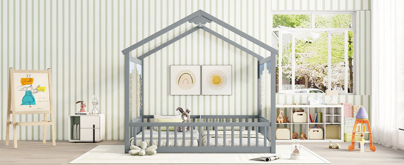 Double Twin House-Style Floor Bed with Fence, Guardrails, without door, Grey(Old Sku:W504P143316)