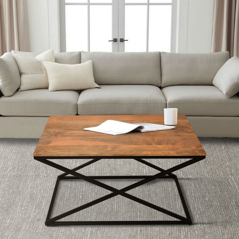 35 Inch Wooden Rectangle Coffee Table with X Shape Metal Frame, Brown and Black
